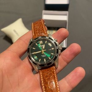Seiko Kinetic Green Dial on Cognac Ostrich Strap